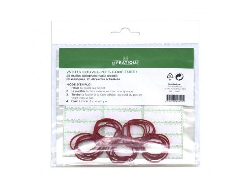 Couvre pot confiture 25 feuilles cellophane + élastiques + étiquettes