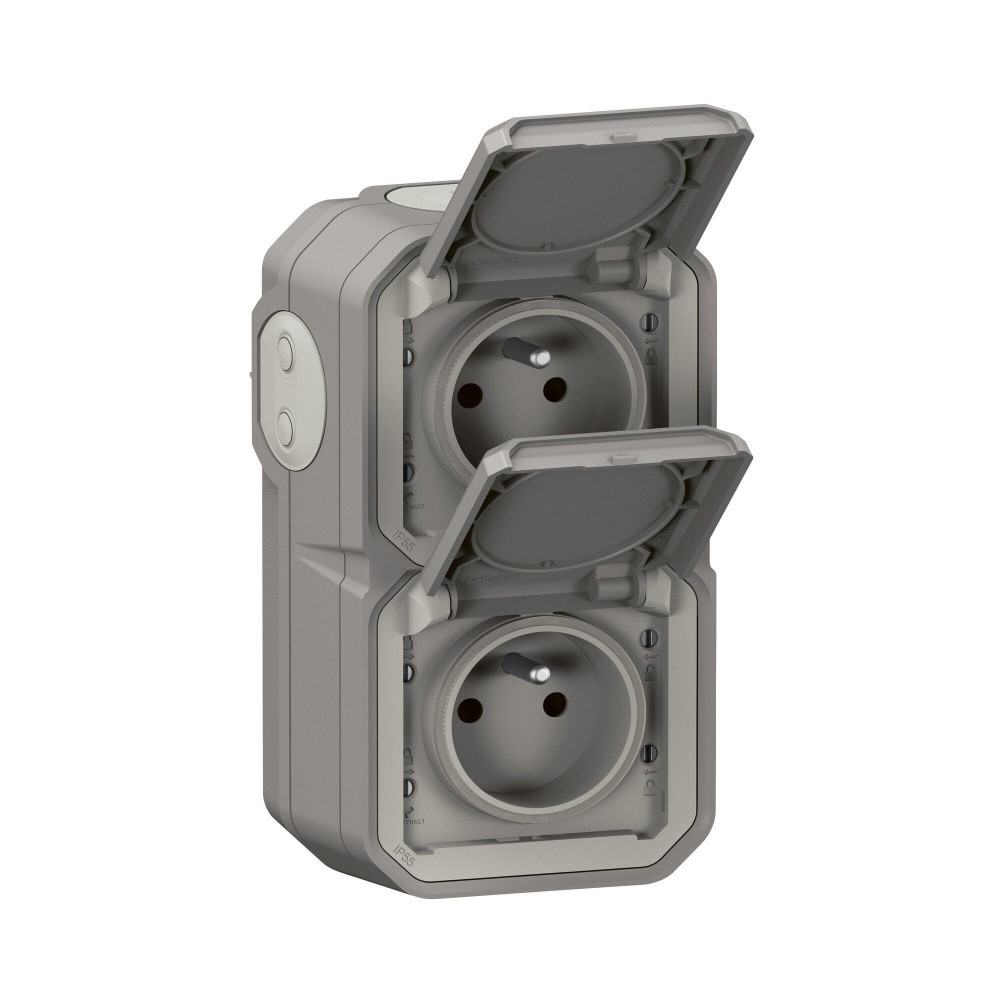 Double prise avec terre vertical étanche saillie Plexo, LEGRAND, gris