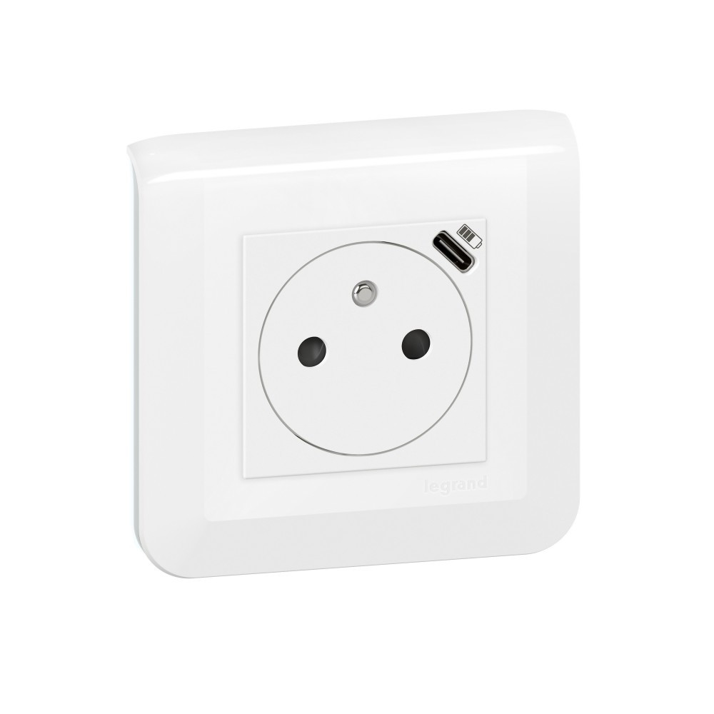 Prise avec terre et USB C, LEGRAND Mosaic, blanc