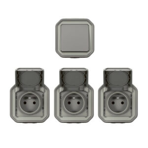 Lot de 1 interrupteur VV et 3 prises avec terre complet, LEGRAND Plexo, gris