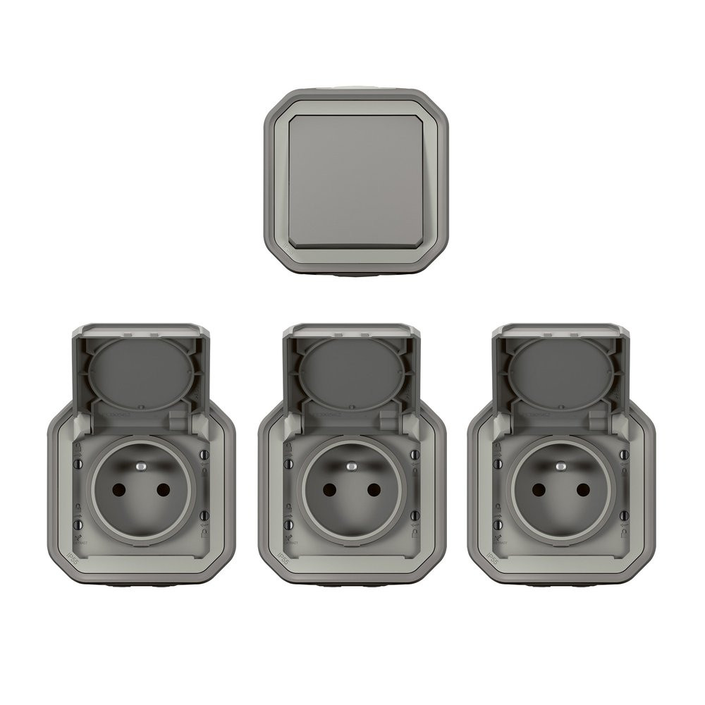 Lot de 1 interrupteur VV et 3 prises avec terre complet, LEGRAND Plexo, gris
