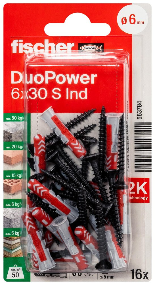 Lot de 16 chevilles multi-matériaux DuoPower FISCHER, vis noires Diam.6 x L.30 m