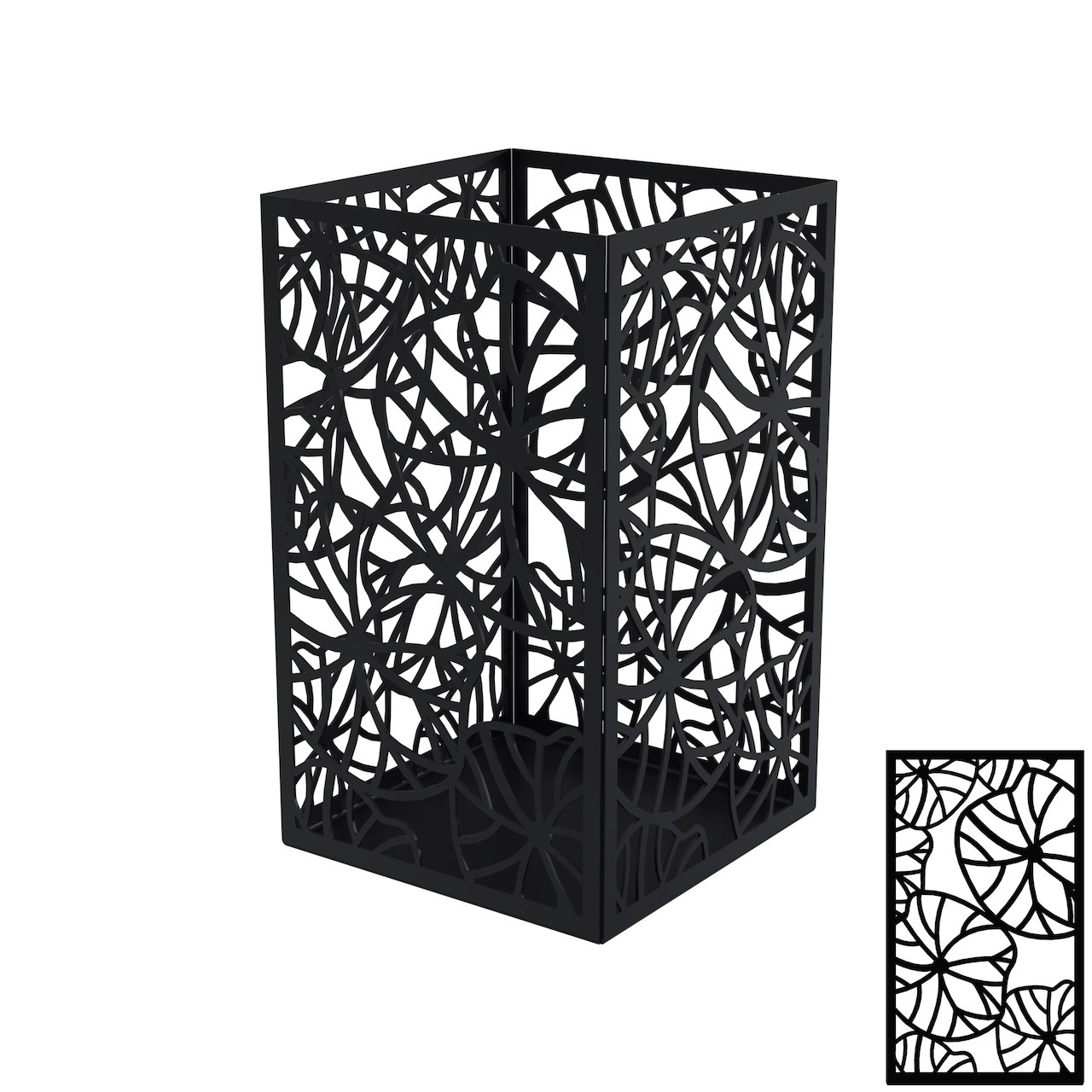 Photophore carré noir charbon 17,5 x 17,5 x 30 cm - acier époxy - motif nénuphar