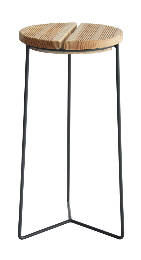 Sellette industrielle haute fer rond plateau bois - 61x30 cm - Acier époxy