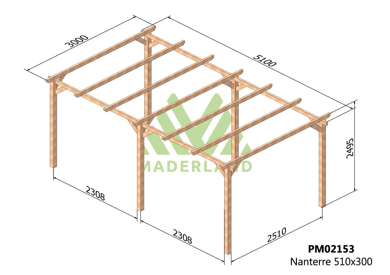 Carport autoportant bois massif NANTERRE - 510 x 300 cm - 15,3 m² - traitement autoclave classe IV - certifié PEFC