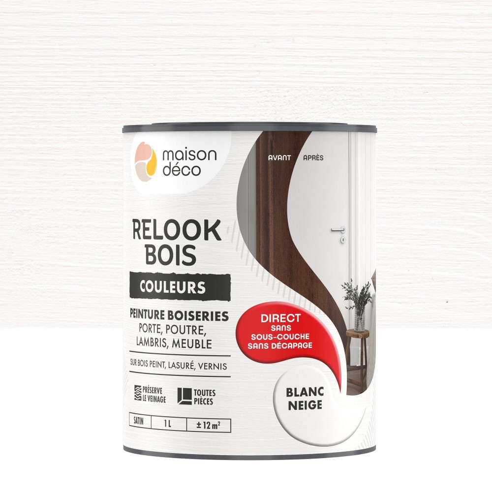 Peinture Relook bois MAISON DECO, blanc neige satine, 1 l
