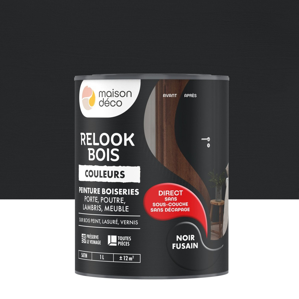 Peinture Relook bois MAISON DECO, noir fusain satine, 1 l