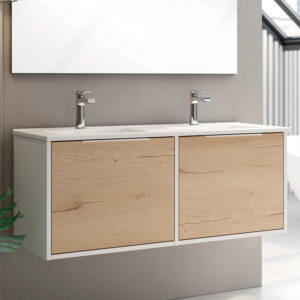 Meuble de salle de bain 120 cm double vasque 2 façades et 4 tiroirs sans miroir ALBA blanc/roble COSYNEO DUOXALBA1202FBLAROBBLAB