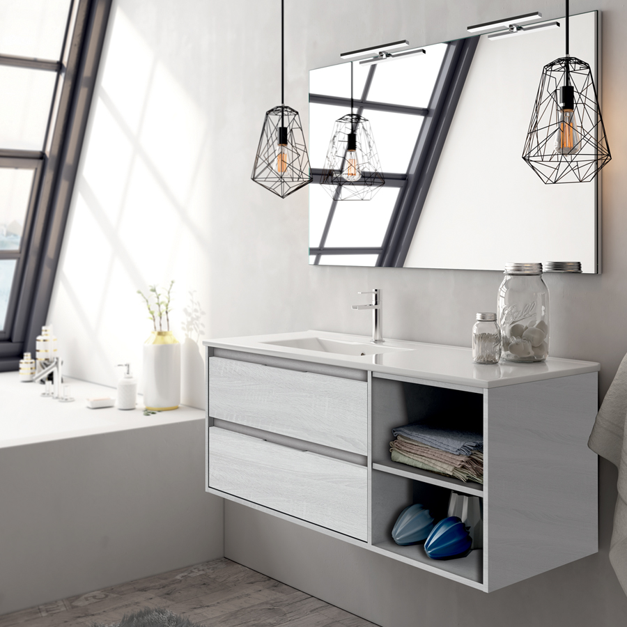 Meuble de salle de bain 120 cm vasque déportée 2 tiroirs et 2 niches OLYMPE hibernian (bois blanchi) COSYNEO VENOLYMPE120HIB
