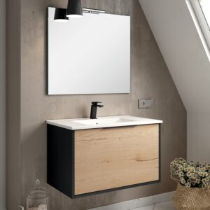 Meuble de salle de bain 80 cm simple vasque 1 façade et 2 tiroirs ALBA noir/roble COSYNEO DUOXALBA801FNOIROBBLA
