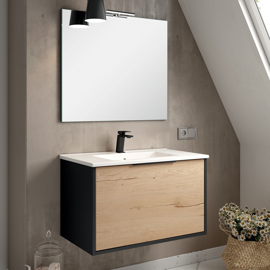 Meuble de salle de bain 80 cm simple vasque 1 façade et 2 tiroirs ALBA noir/roble COSYNEO DUOXALBA801FNOIROBBLA