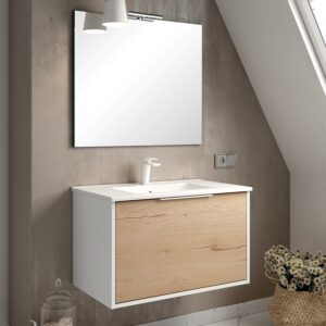 Meuble de salle de bain 80 cm simple vasque 1 façade et 2 tiroirs ALBA blanc/roble COSYNEO DUOXALBA801FBLAROBBLA