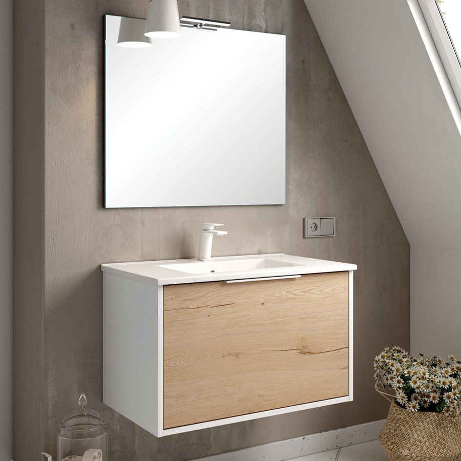 Meuble de salle de bain 80 cm simple vasque 1 façade et 2 tiroirs ALBA blanc/roble COSYNEO DUOXALBA801FBLAROBBLA