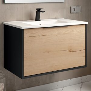 Meuble de salle de bain 80 cm simple vasque 1 façade et 2 tiroirs sans miroir ALBA noir/roble COSYNEO DUOXALBA801FNOIROBBLAB