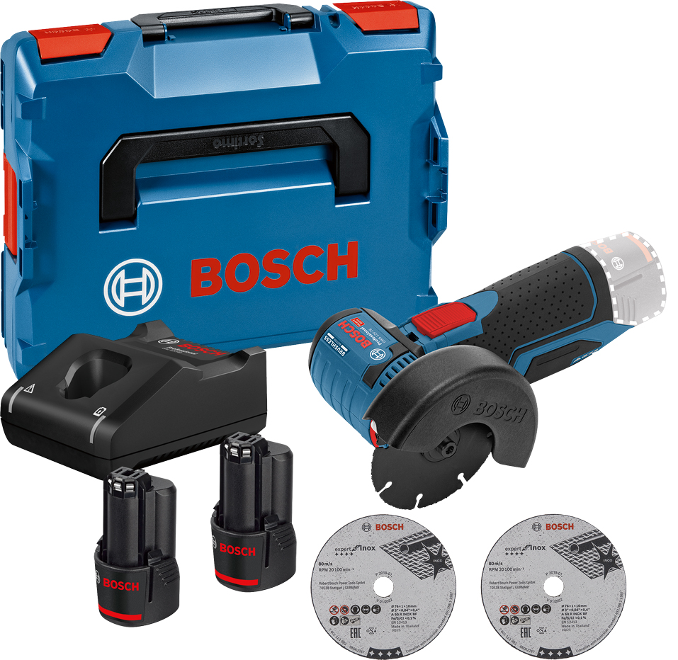 Meuleuse d'angle 12 V GWS 12V-76 + 2 batteries 3 Ah + chargeur + coffret L-Boxx BOSCH 06019F200Y
