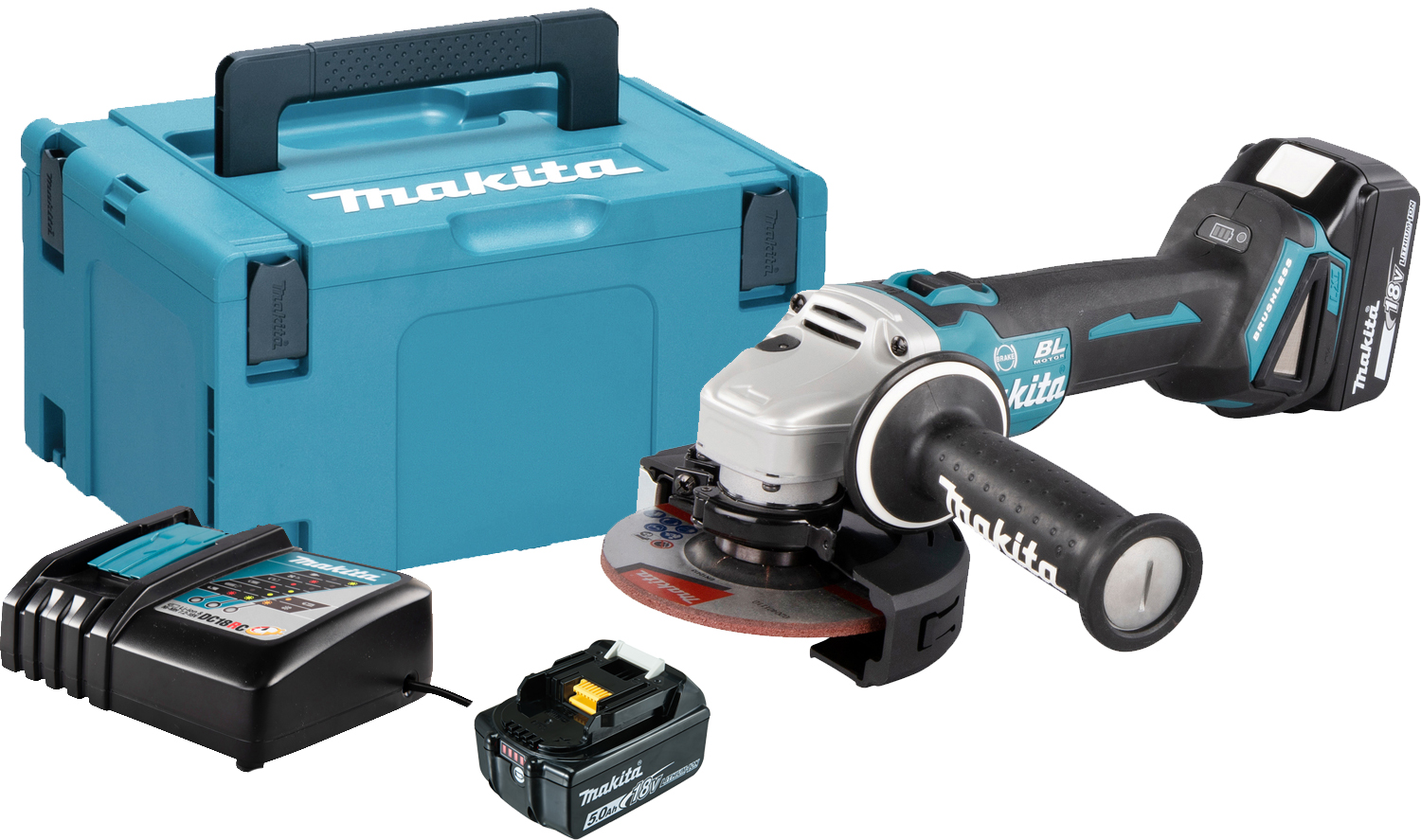 Meuleuse d'angle 18 V 125 mm + 2 batteries 5 Ah + chargeur + coffret MAKPAC MAKITA DGA506RTJ