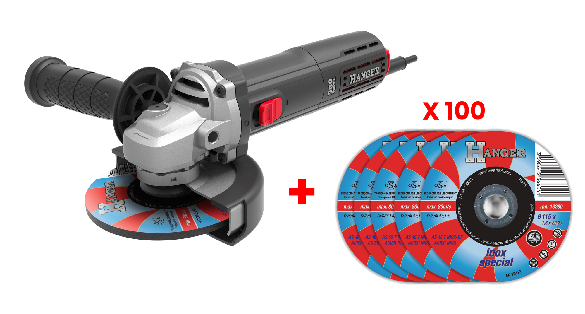 Meuleuse d'angle 900 W avec 100 disques 125 x 1,6 mm inox HANGER GR-900C