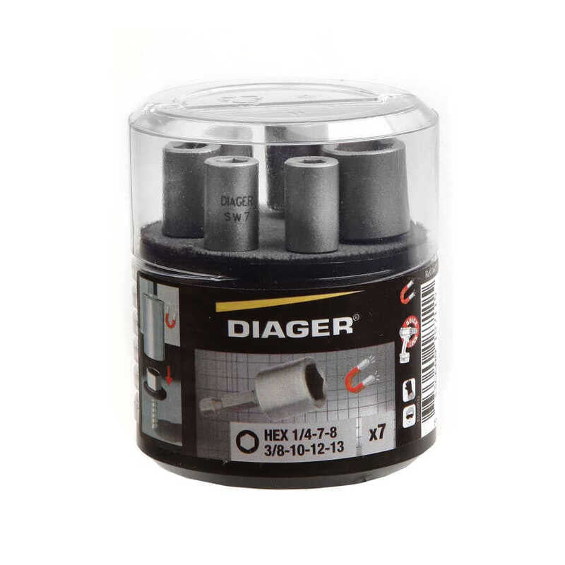 Coffret 7 douilles de vissage magnétique - DIAGER - longueur 50 mm 1/4-7-8-3/8-10-12-13