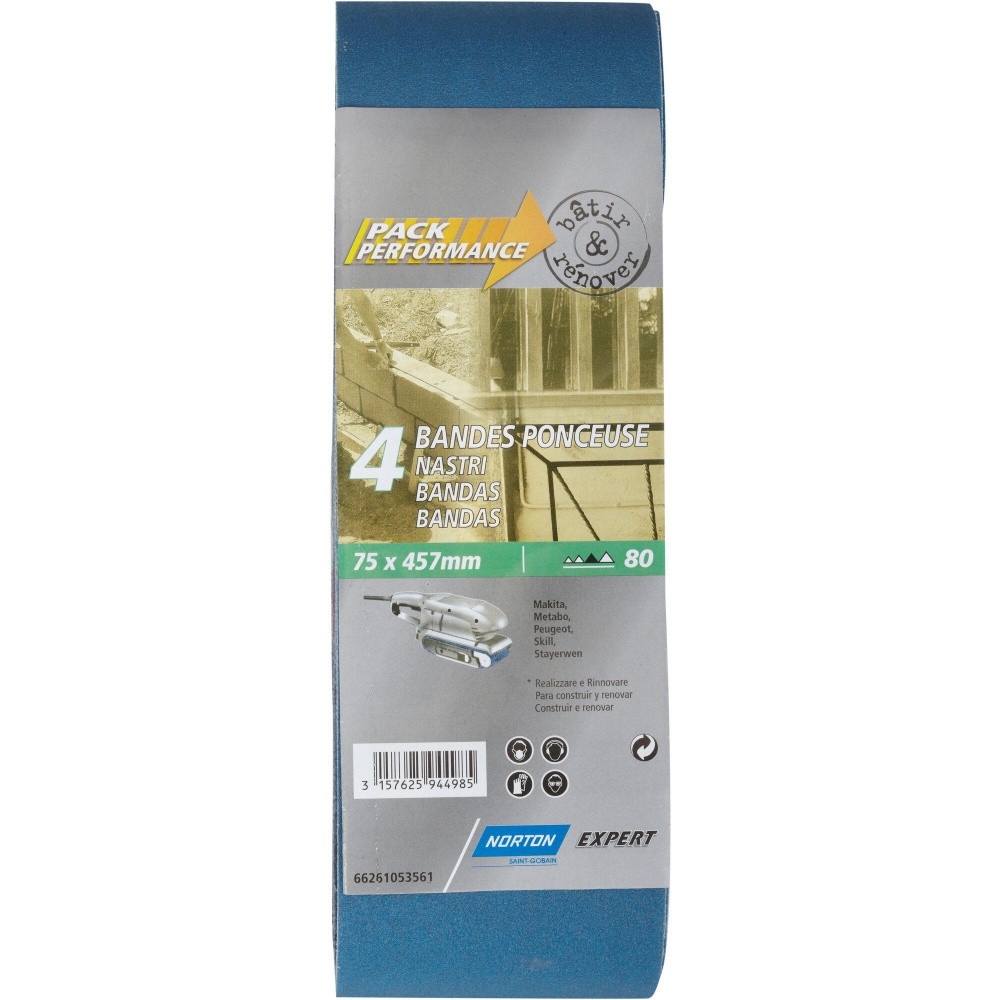 Lot de 4 bandes abrasives NORTON, 75 x 457 mm, grains 80