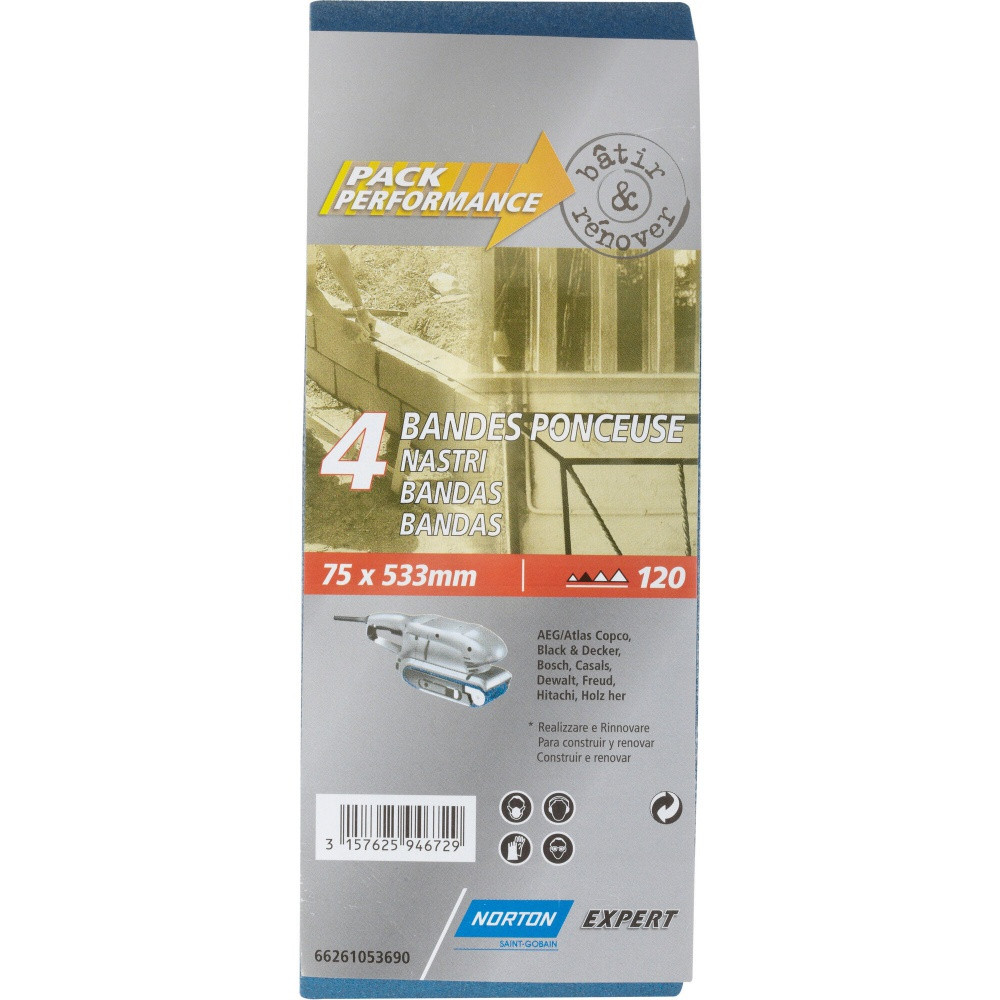 Lot de 4 bandes abrasives NORTON, 75 x 533 mm, grains 120