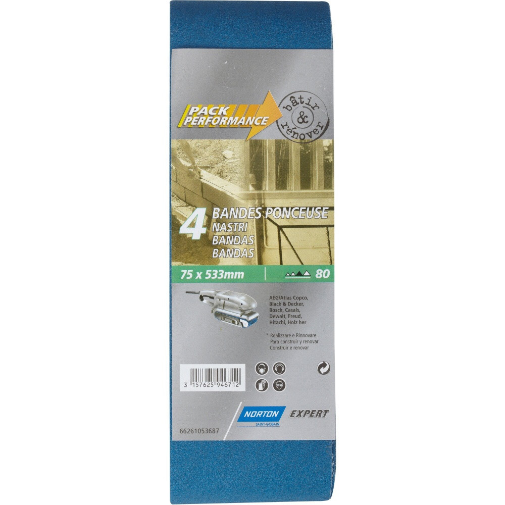 Lot de 4 bandes abrasives NORTON, 75 x 533 mm, grains 80