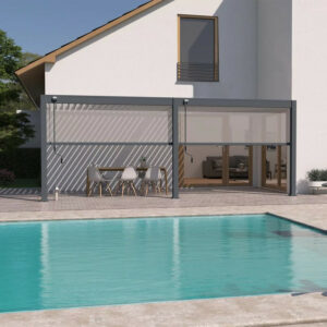 Pergola bioclimatique adossée 6 x 3 m avec 2 stores anthracite - aluminium anthracite et lames blanches - toiture étanche