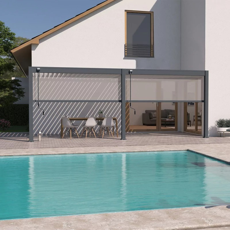 Pergola bioclimatique adossée 6 x 3 m avec 2 stores anthracite - aluminium anthracite et lames blanches - toiture étanche