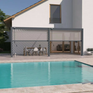 Pergola bioclimatique adossée 6 x 3 m avec 2 stores anthracite- aluminium anthracite - toiture étanche
