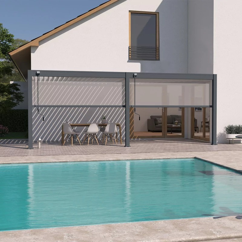 Pergola bioclimatique adossée 6 x 3 m avec 2 stores anthracite- aluminium anthracite - toiture étanche