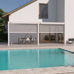 Pergola bioclimatique adossée 6 x 3 m avec 2 stores blanc - aluminium blanc - toiture étanche