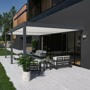 Pergola bioclimatique adossée 6 x 4 m avec 2 stores anthracite - aluminium anthracite et lames blanches - toiture étanche