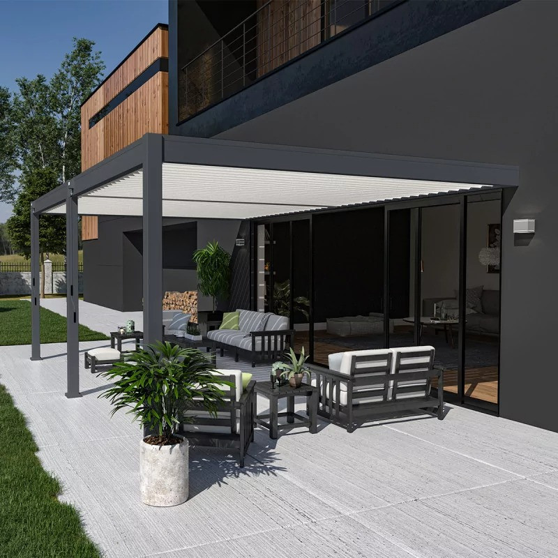 Pergola bioclimatique adossée 6 x 4 m avec 2 stores anthracite - aluminium anthracite et lames blanches - toiture étanche