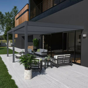 Pergola bioclimatique adossée 6 x 4 m avec 2 stores anthracite de 3 m - aluminium anthracite - toiture étanche