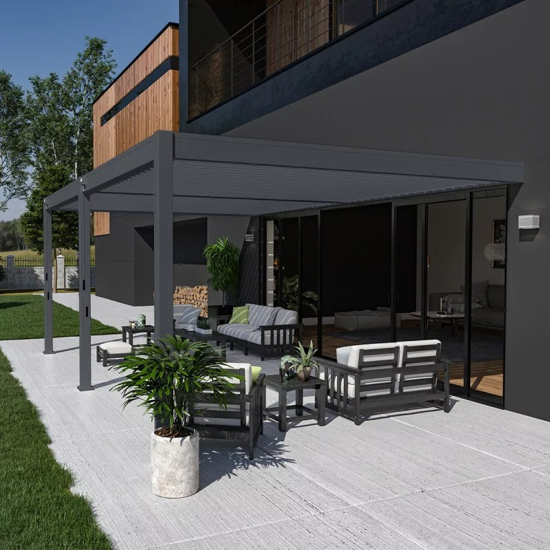 Pergola bioclimatique adossée 6 x 4 m avec 2 stores anthracite de 3 m - aluminium anthracite - toiture étanche