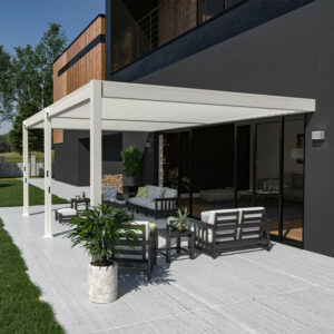 Pergola bioclimatique adossée 6 x 4 m avec 2 stores blancs - aluminium blanc - toiture étanche