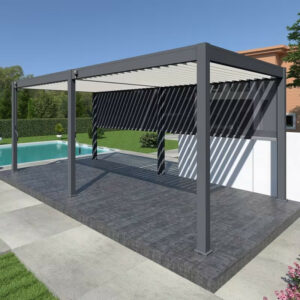 Pergola bioclimatique autoportante 6 x 3 m à lames orientables - aluminium anthracite et blanc - 2 stores latéraux inclus