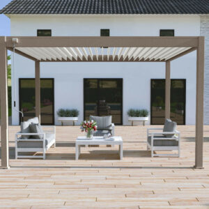 Pergola bioclimatique autoportante taupe/blanc - 300 x 400 x H. 258 cm