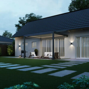Pergola bioclimatique motorisée adossée 3 x 4 m - aluminium anthracite et lames blanches - toiture étanche