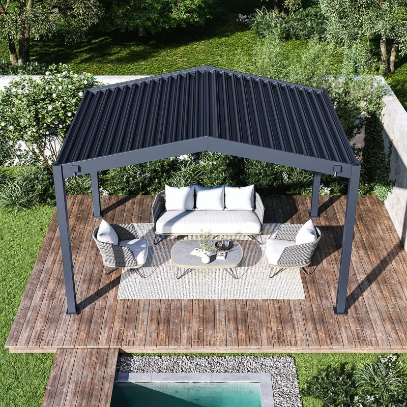 Pergola double pente 3 x 4 m à lames orientables - aluminium anthracite - drainage intégré