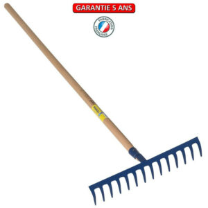 Râteau forgé 14 dents courbes manche bois 1,50 m, outil trempé haute résistance, jardin