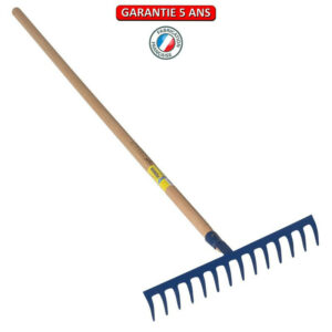 Râteau forgé 16 dents courbes manche bois 1,50 m, outil trempé haute résistance, jardin