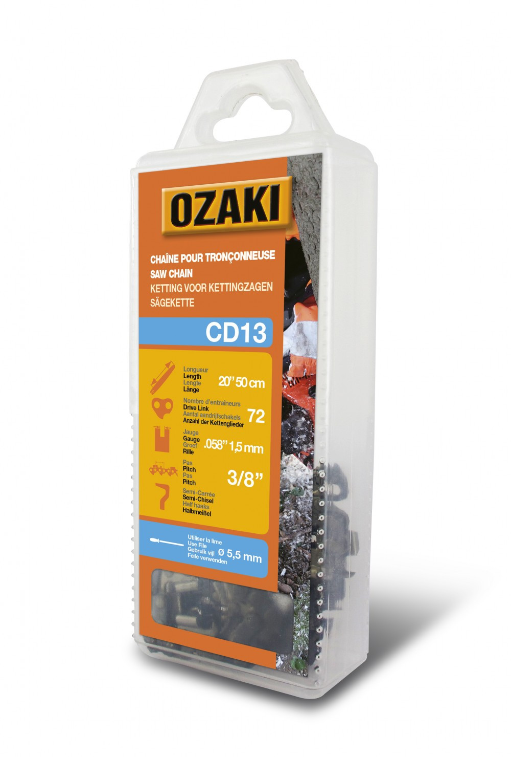 Chaîne de tronçonneuse OZAKI semi carrée: .3/8" .058 (1,5mm) 72 entraîneurs