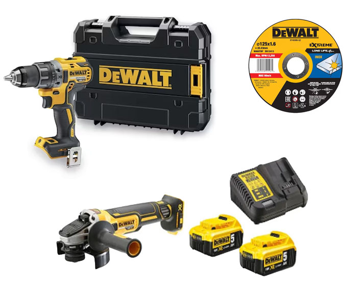 Pack 2 outils 18 V XR (DCD791/DCG405) + 25 disques à tronçonner (DT43906) + 2 batteries 5.0 Ah + chargeur + TSTAK DEWALT DCK2020P2T/DT43906