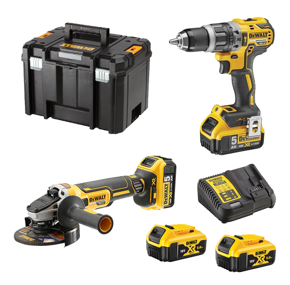 Pack 2 outils 18 V XR (DCD796 + DCG405) + 2 batteries 5 Ah + chargeur + coffret T-STAK DEWALT DCK2080P2T-QW