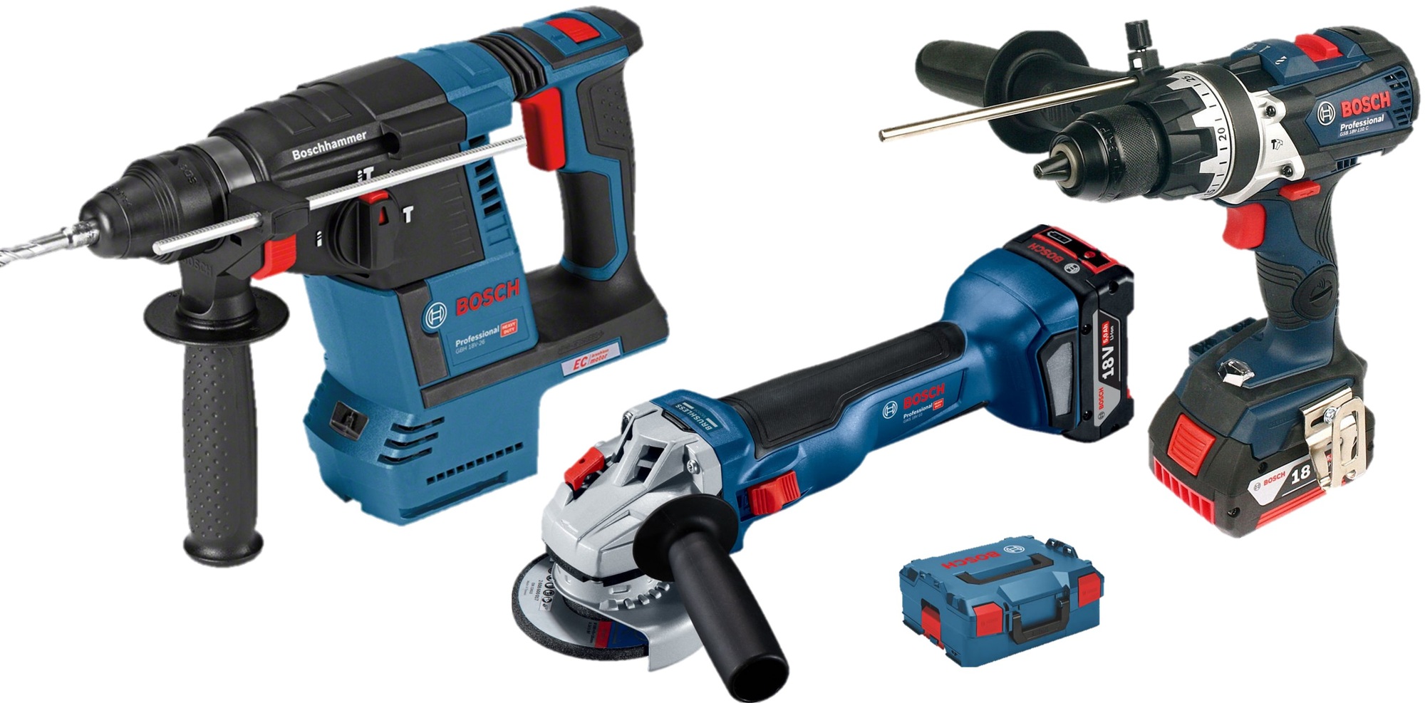 Pack 3 outils 18 V (GSR110 + GBH26 + GWS10) + 2 batteries 5 Ah + chargeur + coffret L-BOXX BOSCH