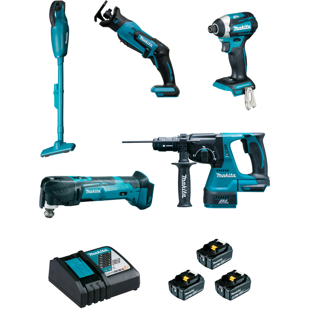 Pack 5 outils 18 V (DTD154 + DJR183 + DHR243 + DTM51 + DCL180) + 3 batteries 5 Ah + chargeur + coffret MAKPAC MAKITA DLX5045TJ