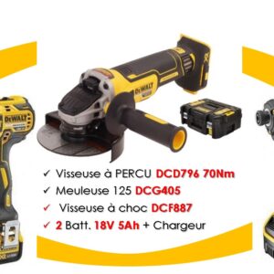 Pack de 3 outils 18 V (DCF887 + DCD796 + DCG405) + 2 batteries 5 Ah + chargeur + coffret TSTAK DEWALT DCK384P2T-QW