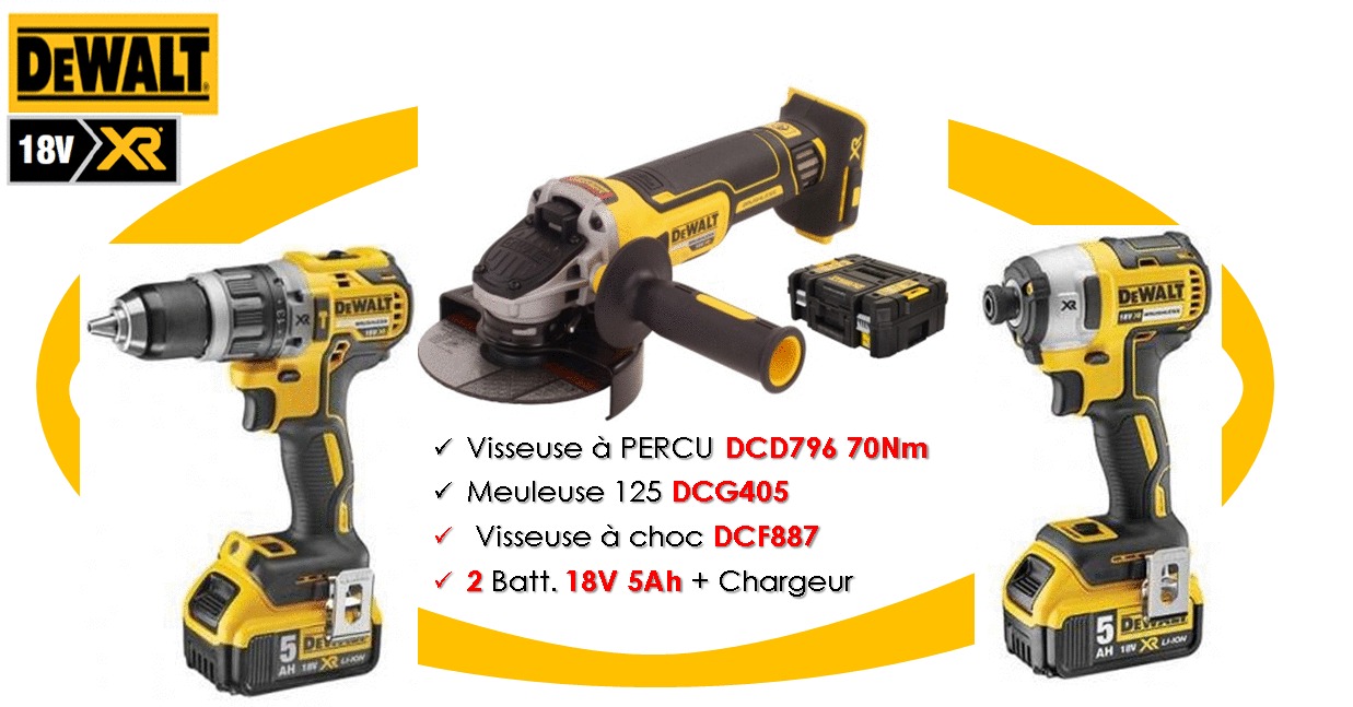 Pack de 3 outils 18 V (DCF887 + DCD796 + DCG405) + 2 batteries 5 Ah + chargeur + coffret TSTAK DEWALT DCK384P2T-QW