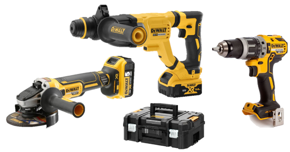 Pack de 3 outils 18V DCK327P2T (DCH263/DCG405/DCD791) + 2 batteries 5 Ah + chargeur en coffret TSTAK DEWALT