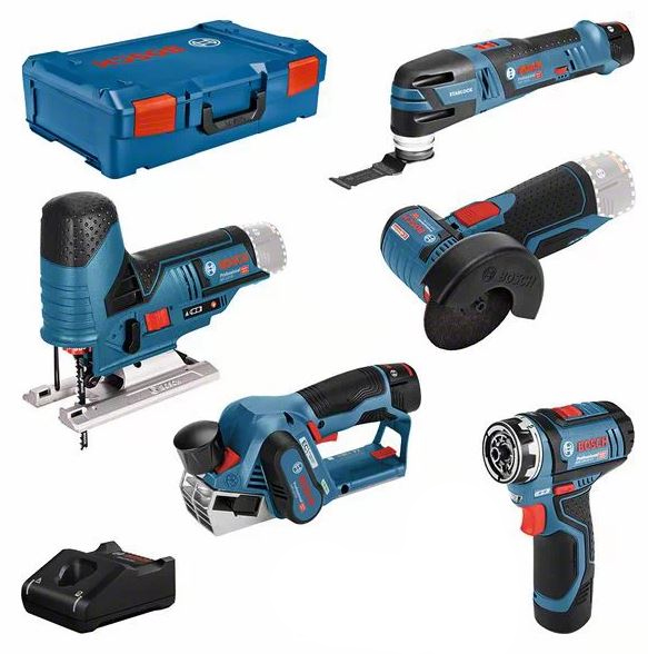 Pack de 5 machines 12 V (GSR12+GST70+GWS26+GOP12+GHO20) + 2 batteries GBA 2 Ah + 1 batterie GBA 3 Ah + chargeur + coffret XL-BOX BOSCH 0615A0017D